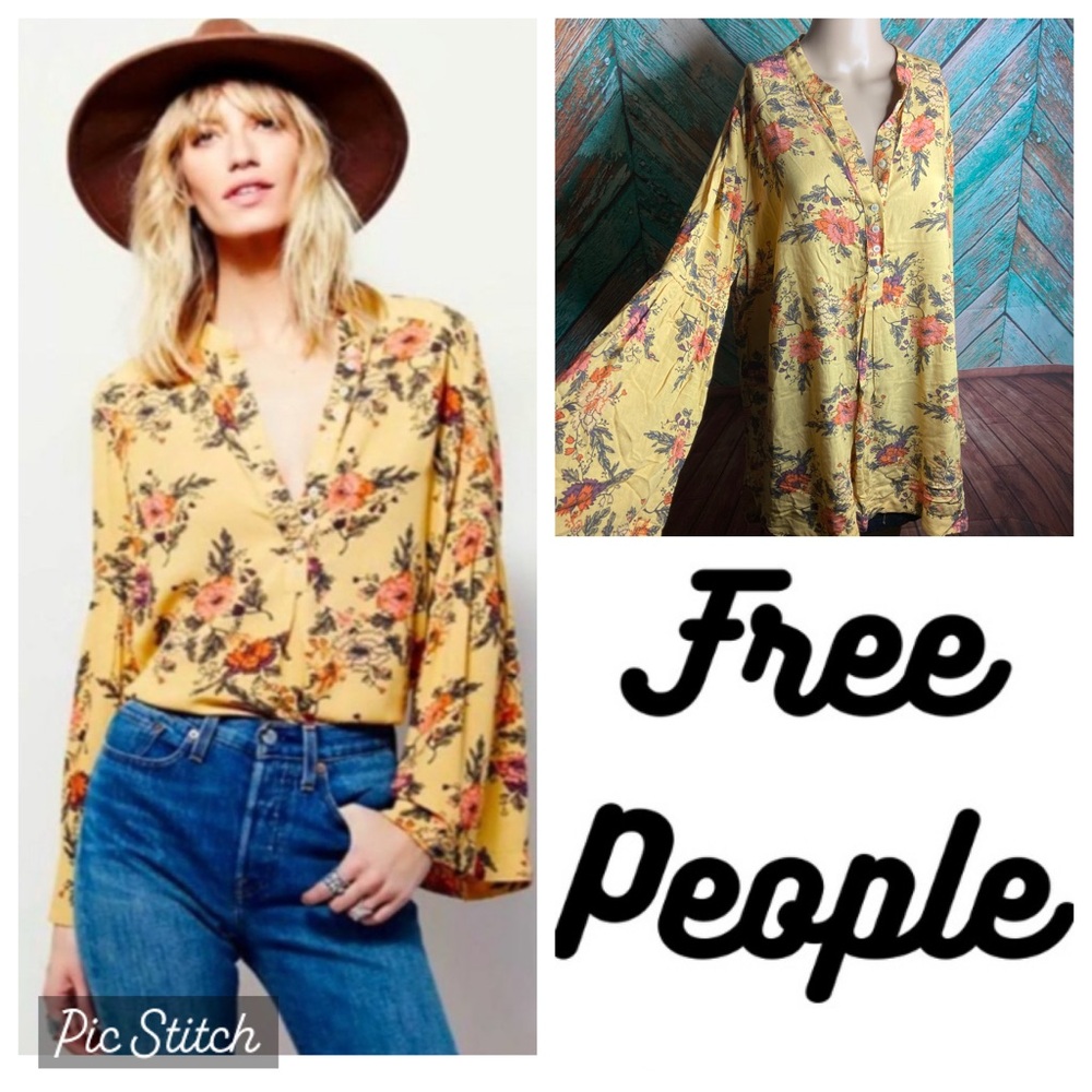 Free People Easy Girl Tunic Long Bell Sleeve Floral Yellow Blouse